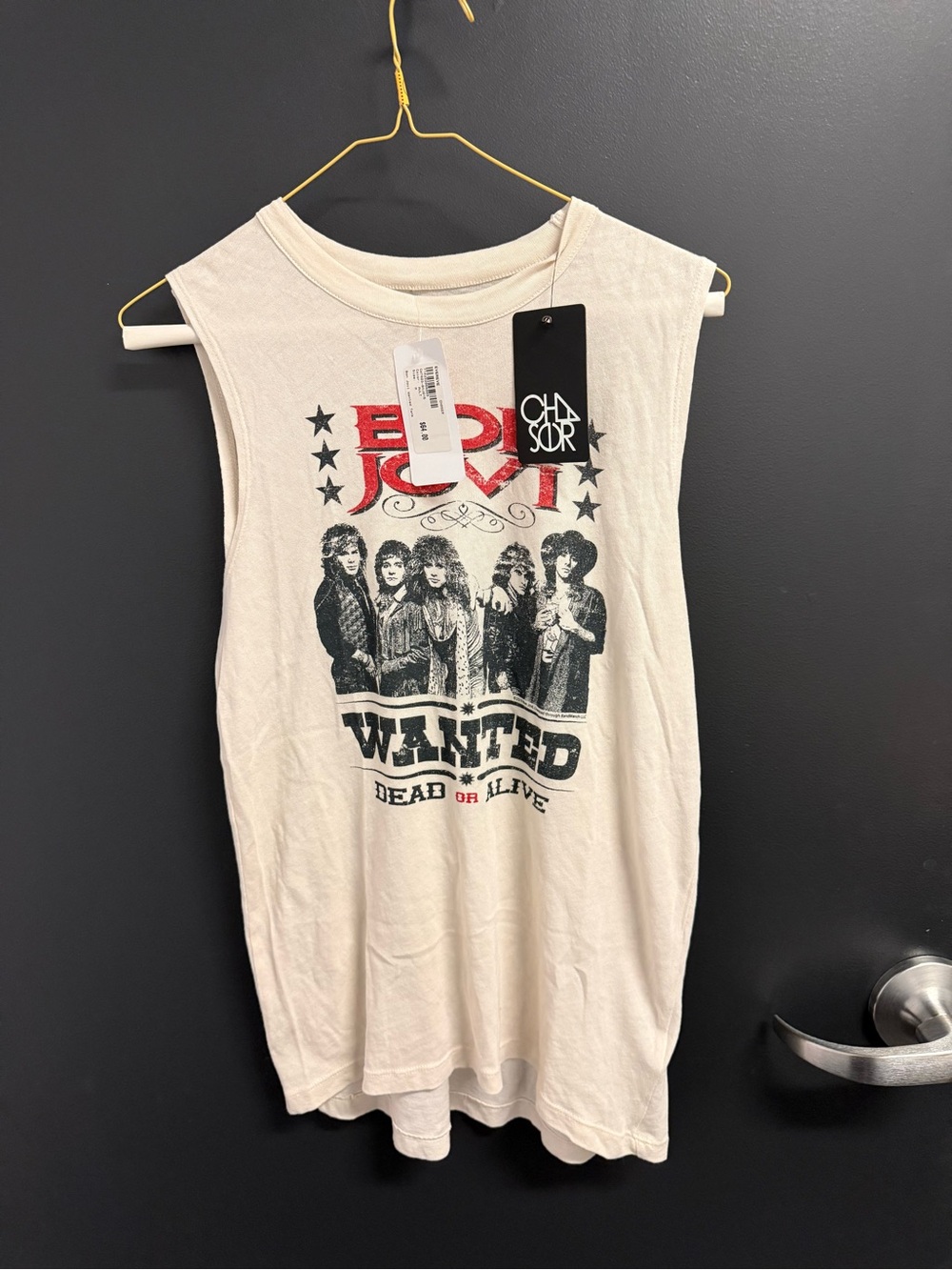 Chaser Ivory Band Graphic Muscle Tank with Red & Black Print